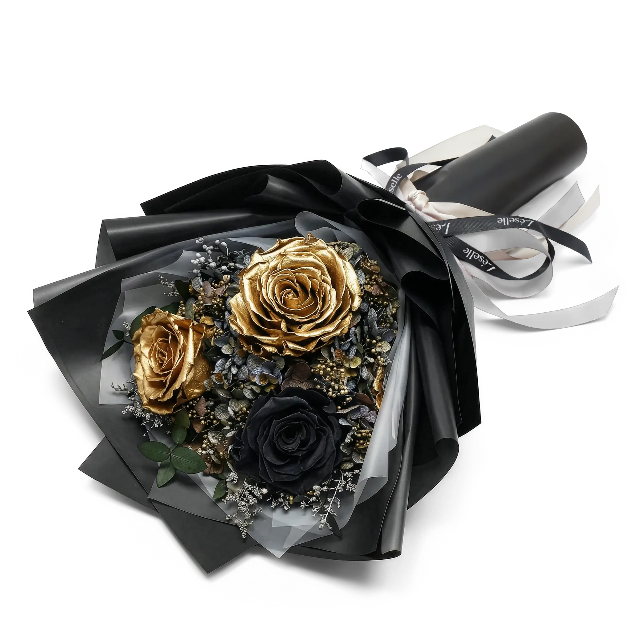 Obsidian & Gold Preserved Rose Bouquet